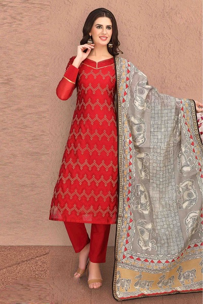 Red Chanderi suit with Banarasi woven dupatta