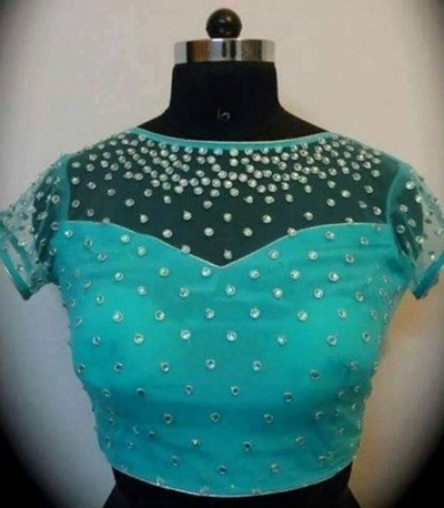 Sequin and mirror work short sleeves blue net blouse