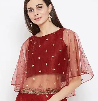 Sleeveless art silk maroon blouse with net cape