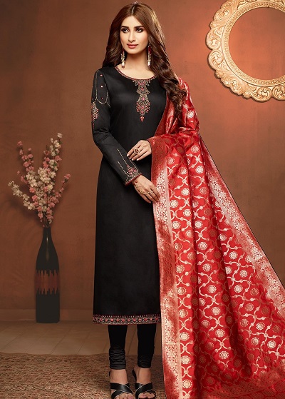 Stylish Chanderi black long length churidar suit with red Banarasi dupatta