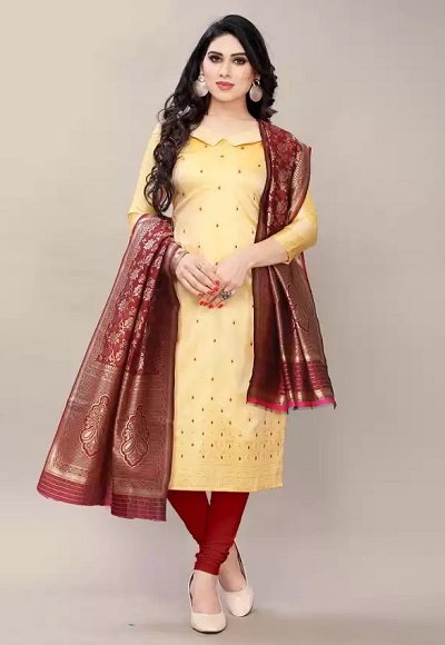 Stylish Chanderi suit and maroon Banarasi Dupatta for weddings