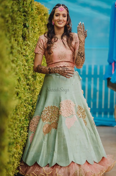 Stylish Peach And Mint Green Lehenga For Bridal Mehendi Function