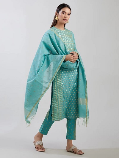 Stylish blue suit with Banarasi cotton dupatta