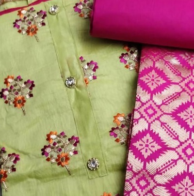 Stylish embroidered suit with Banarasi dupatta