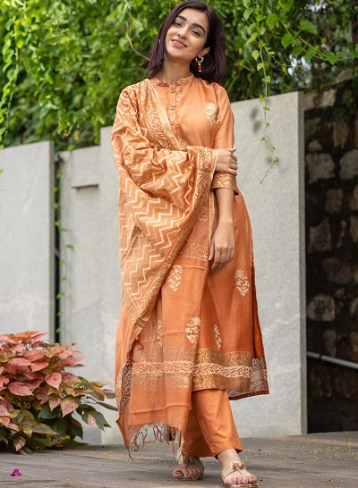 Stylish orange suit Banarasi cotton Silk dupatta
