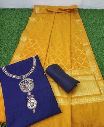 Stylish yellow Banarasi Dupatta with simple blue Chanderi salwar suit