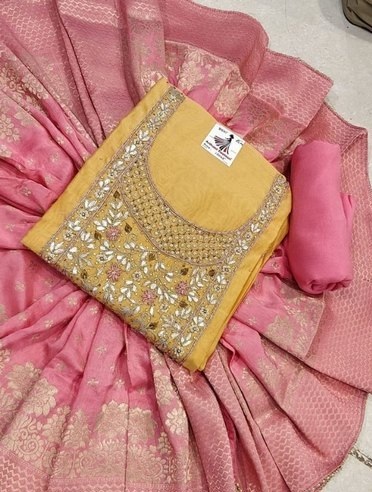 Yellow Chanderi embellished Suit with Carrot Pink Banarasi Dupatta