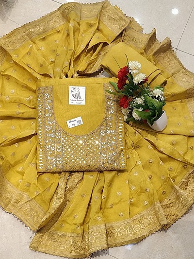 Yellow Chanderi embellished suit with cotton Silk dupatta