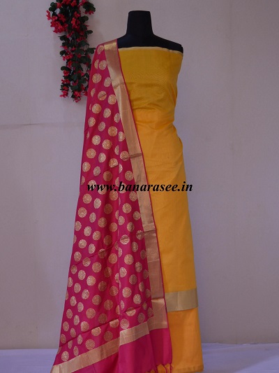 Yellow Chanderi salwar kameez fabric with pink Banarasi dupatta