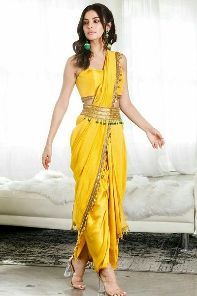 Yellow Satin dhoti saree style for brides