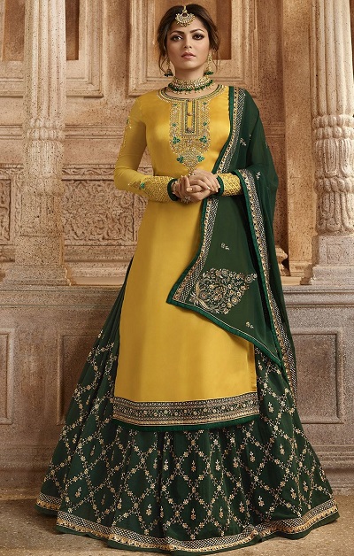 Yellow and dark green kurti lehenga dress for women for parties