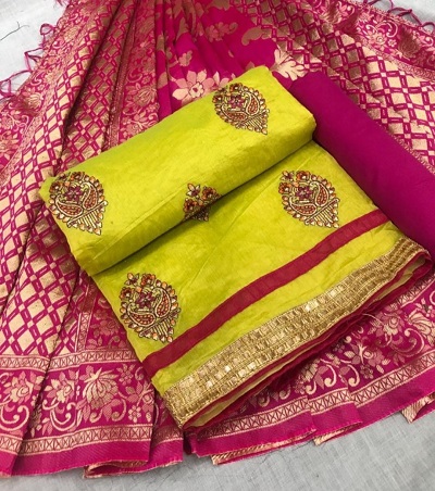 Yellow and pink Banarasi Dupatta Chanderi suit set