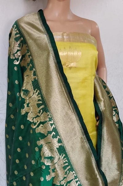 Yellow cotton Chanderi suit with Banarasi green dupatta