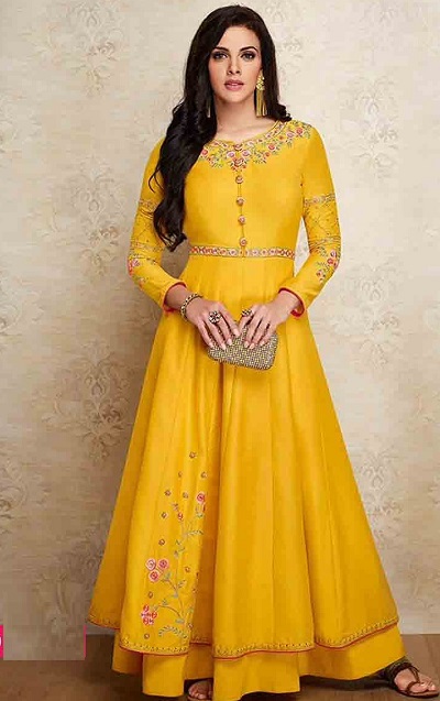 Beautiful Anarkali Silk Gown In Yellow Colour For Haldi Ceremony