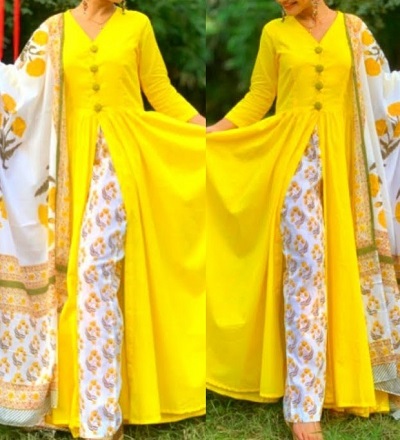 Bright Yellow Stylish Kurti Design With Front Opening