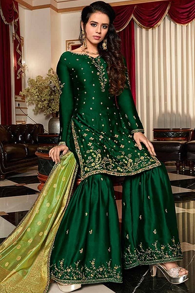 dark green Silk kurti Sharara for bridal mehendi function