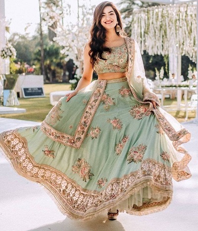Floral Printed And Embroidered Green Mehndi Dress For Brides