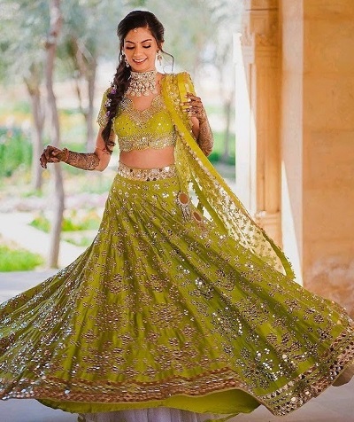 Gorgeous Mehendi Function Silk Lehenga Dress For Brides