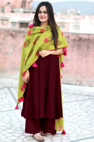 Green Cotton Dupatta With Pink Floral Print