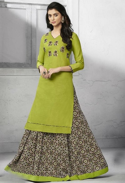 Green Cotton Kurta With Printed Skirt Pattern For Casual Wear