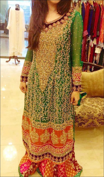 Heavy Embellished Green And Red Bridal Mehndi Dress