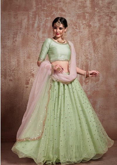 Lightweight Mint Green Net Lehenga For Mehendi Function