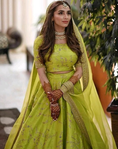 Lime Yellow Silk Embroidered Mehndi Dress For Bridal Function