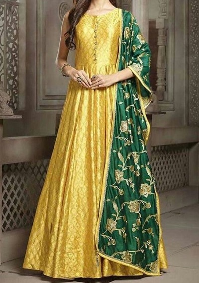 Long Yellow Gown With Green Dupatta For Mehndi Dress