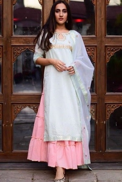 Designer Pakistani wedding Green kurti with Pink Frill Skirt and  Embellishment -