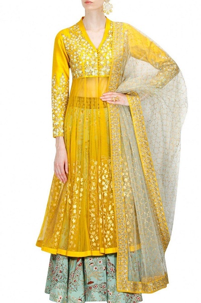 Net Embellished Designer Haldi Dress For Brides