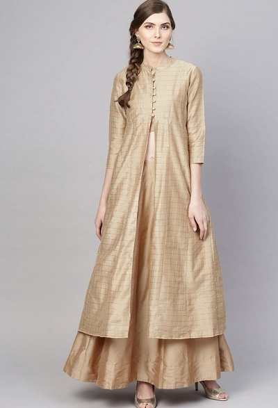 Party Wear Long Golden Kurta With Cotton Silk Skirt Pattern