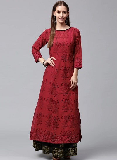 Red Thread Work Long Kurti With Black Embellished Skirt