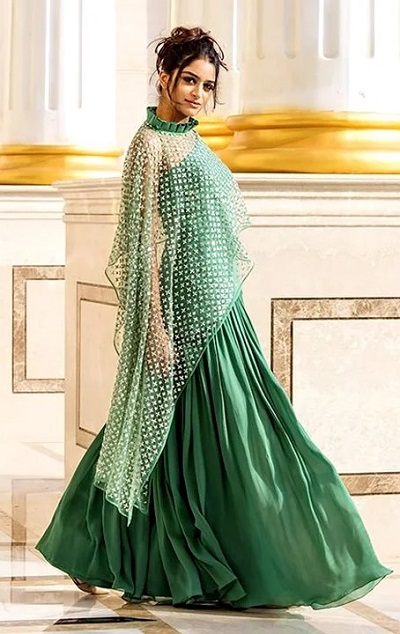 Stylish Cape Style Gown For Bridal Mehendi Functions