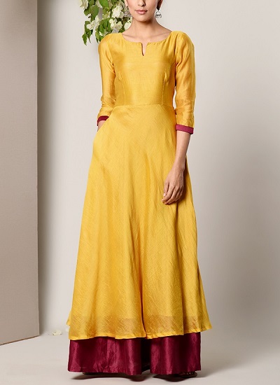 Stylish A Line Cotton Silk Kurta With Wine Colored Skirt