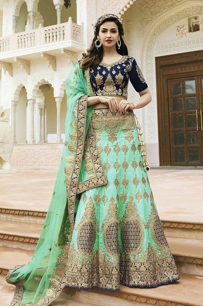 Stylish Blue And Green Combination Lehenga For Mehendi