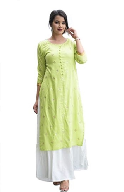 Stylish Green Cotton Kurta With White Skirt
