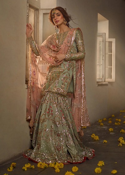 Very Heavily Embellished Green And Peach Bridal Mehndi Dress
