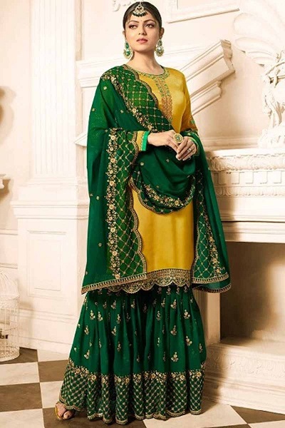 Yellow And Green Sharara Kurti Set For Brides