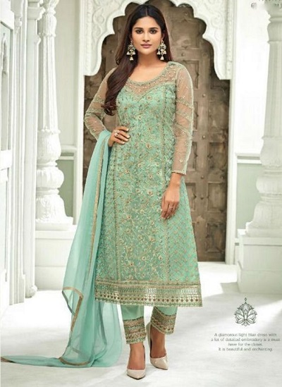 Beautiful mint green net suit with trouser and dupatta