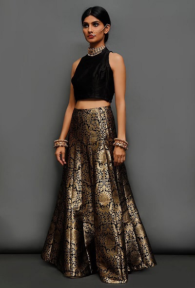 Black Small Blouse With Brocade Skirt For Parties
