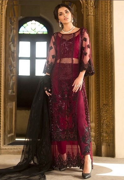 Black and wine coloured net salwar suit for women