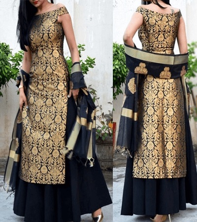 Black brocade long kurta with black solid skirt