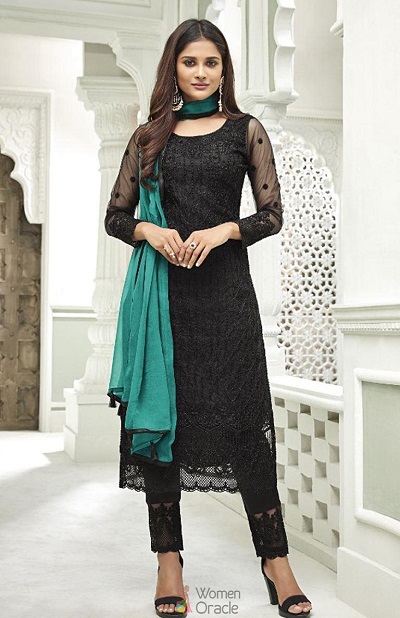 Black net salwar suit with green dupatta