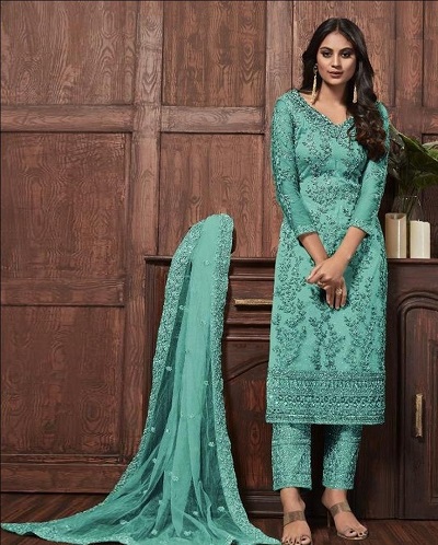 Blue net kurta trouser with dupatta festival