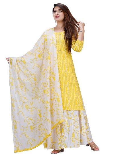 Casual wear printed yellow kurta skirt and Dupatta set