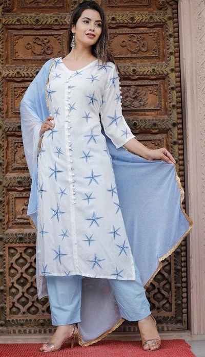 Cotton daily wear A Line white kurti with blue trouser and dupatta