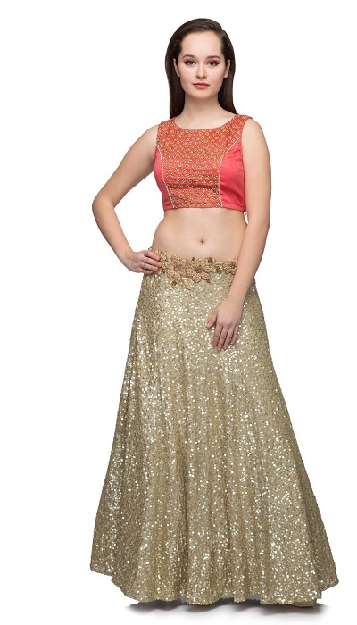 Crop Top Lehenga In Red And Gold Colour