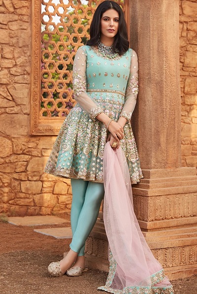 Designer Wedding Wear frock Suit With Pants And Net Dupatta