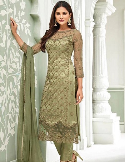 Embellished pink green salwar suit in net fabric