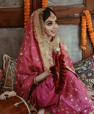Expensive Pink Wine Coloured Punjabi Bridal Suit Design
